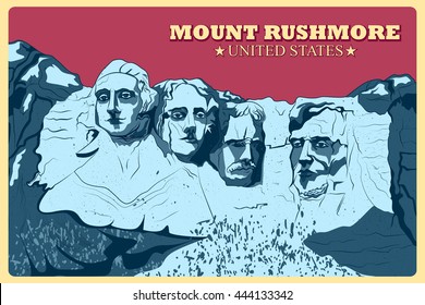 Vintage poster of Mount Rushmore famous monument of United States. Vector illustration