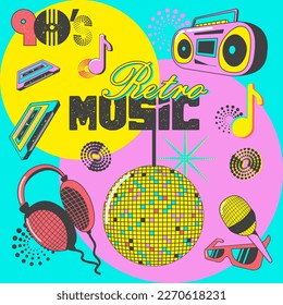 Vintage poster music 90s. Tape recorder, cassettes, notes, disco ball, microphone, retro symbols, lettering