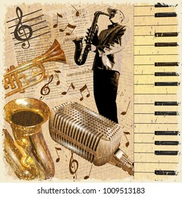 Vintage poster with musical instruments and musician.
