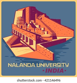 Vintage poster of Nalanda University in Bihar, famous monument of India . Vector illustration