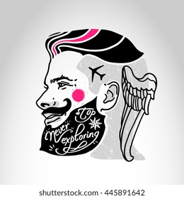 Vintage poster "Never stop exploring". Man hair style design with wing and airplane tattoo