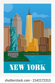 Vintage poster. New York City colorful with State of Liberty banner.