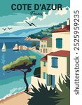 Vintage Poster of Nice French Riviera Coast. Retro Resort Illustration with Sea, Palms, and Beach Scene.