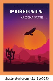 Vintage poster. Night desert with sunset and cactus and eagle.