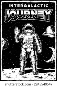 Vintage poster on space theme with illustration of an astronaut on the moon. This design can also be used as a t-shirt print.