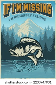 Vintage poster on the theme of fishing with perch fish of the background of mountains