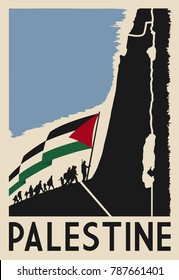 Vintage Poster with Palestine Flag. Propaganda of Palestine. Vector image eps 8. 