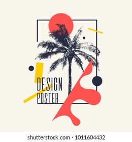 Vintage poster with palm tree and geometric shapes. Vector illustration.