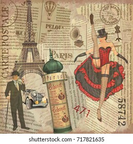 Vintage poster Paris torn newspaper background.