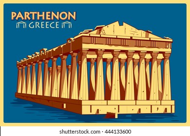 Vintage poster of Parthenon in Athens, famous monument of Greece. Vector illustration