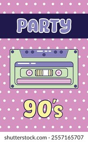 Vintage Poster Party 90s. Green audio cassette on pink background. Computer games and music. Retro illustration with outline in 90s style. Vector illustration.