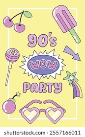 Vintage Poster Party 90s. Multicolored elements on a yellow background. Retro illustration with outline in 90s style. Vector illustration.