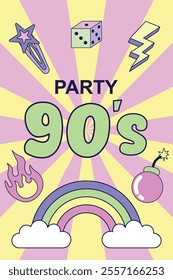 Vintage Poster Party 90s. Multicolored elements on a striped background. Retro illustration with outline in 90s style. Vector illustration.