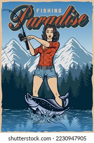 Vintage poster with a pin up girl on a fishing trip with a lake and mountains