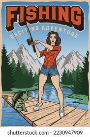 Vintage poster with a pin up girl on a fishing trip with lake on the background of the mountains