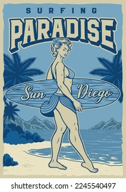 Vintage poster with pin up surfing girl on the beach 