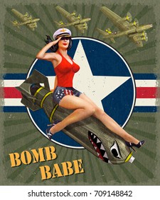 Vintage poster with pin-up girl on bomb.