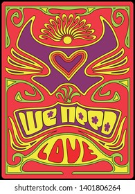 Vintage Poster Psychedelic Background 1960s Hippie Style Symbols and Ornaments