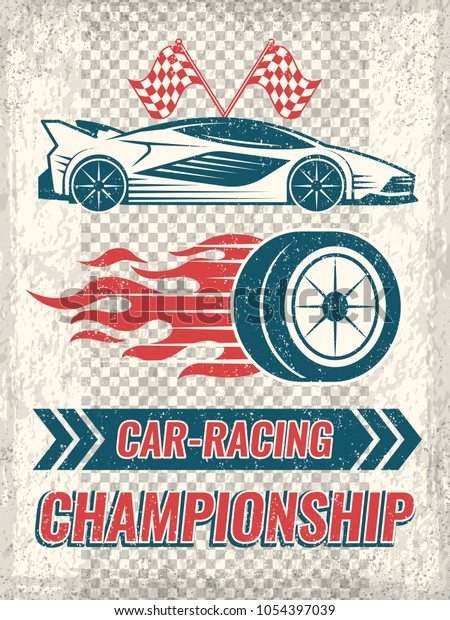 Vintage poster with racing cars. Vector\
template with place for your text. Illustration of race car poster,\
retro vintage banner\
championship