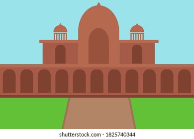 Vintage poster of Red Fort in Delhi, famous monument of India . Vector illustration