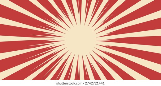 Vintage poster of red white sun or star burst radial lines with grunge texture, circus, carnival, summer fair background
