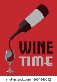 vintage poster with red wine bottle and glass and text "wine time" on red background