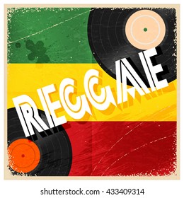 Vintage poster reggae. Rastaman color poster with the word reggae and record music. 
Abstract vector illustration of a music style reggae. Stock vector