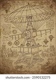 Vintage poster with Renaissance flying inventions. Hand drawn blueprint retro poster.