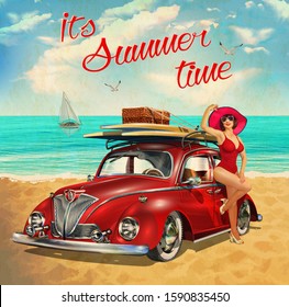 Vintage poster with retro car and  beautiful girl on beach.