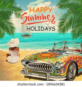 Vintage poster with retro car and  beautiful girl on beach.
