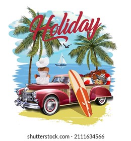 Vintage poster with retro car,surfboard and girl on beach.