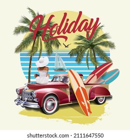 Vintage poster with retro car,surfboard and girl on beach.