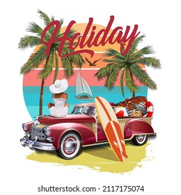 Vintage Poster With Retro Car,surfboard And Girl On Beach.