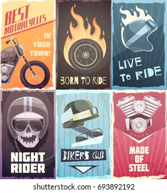 Vintage poster ride set of vertical bikers club retro backgrounds and flat images of motorcycle elements vector illustration
