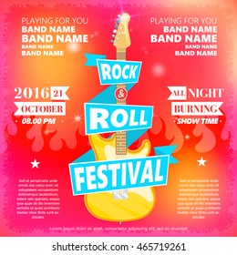 Vintage poster of Rock and roll festival. Hot burning rock party. Cartoon Design element for poster, flyer, emblem, logo, sign. Vector design element.