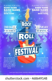 Vintage poster of Rock and roll festival. Hot burning rock party. Cartoon Design element for poster, flyer, emblem, logo, sign. Vector design element.