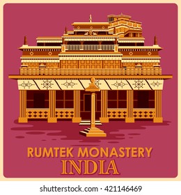 Afiche vintage del monasterio Rumtek en Sikkim, famoso monumento de la India . Ilustración del vector