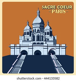 Vintage poster of Sacre Coeur in Paris, famous monument of France. Vector illustration