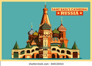 Afiche de la catedral de San Basilio en Moscú, famoso monumento de Rusia. Ilustración del vector