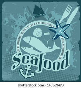 Vintage poster for seafood restaurant with fish and food, vector illustration