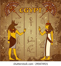 Vintage poster set with egyptian god, pharaoh  and fan on the grunge background with silhouettes of the ancient egyptian hieroglyphs. Retro hand drawn vector illustration