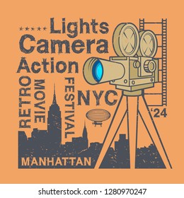 Vintage poster or shirt design with old fashioned movie camera on the tripod in retro style, vector illustration