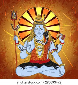 Vintage poster with sitting Indian god Shiva on the grunge background. Retro hand drawn vector illustration