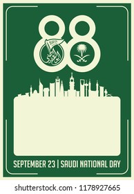 Vintage Poster with space for text. Skyline, Coat of Arms, and Flag of Saudi Arabia. Template Frame. National day. Vector Eps 10.