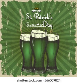 Vintage Poster St. Patrick's Day with green beer. Sketch, hand drawn. Vector.