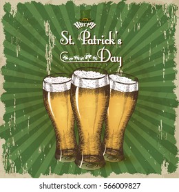 Afiche Vintage Día de San Patricio con cerveza e inscripción. Esbozo, dibujado a mano.Vector.