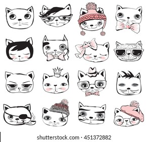Vintage poster with stylish cat avatars. Vector trendy hipster style for greeting card design, t-shirt print