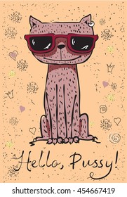 Vintage poster with stylish cat. Vector trendy hipster style greeting card design, t-shirt print