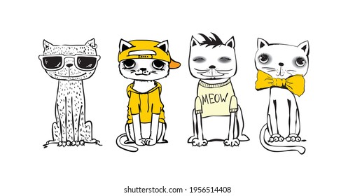 Vintage poster with stylish cats. Vector trendy hipster style greeting card design, t-shirt print