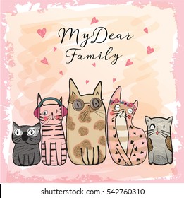 Vintage poster with stylish cats/Vector trendy hipster style greeting card design/t-shirt print/cats print/cute cat family illustration vector/cute cats vector